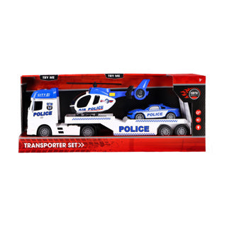 Rapid Wheels Autotransporter Police avec voiture et hélicoptère avec lumière et son et friction