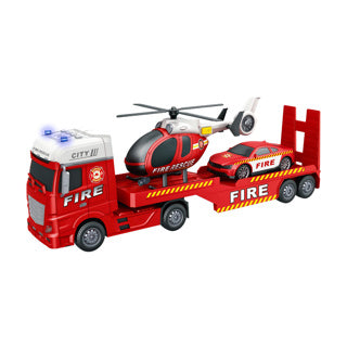Brigade de pompiers Autotransporter à roues rapides avec voiture et hélicoptère avec lumière et son et friction