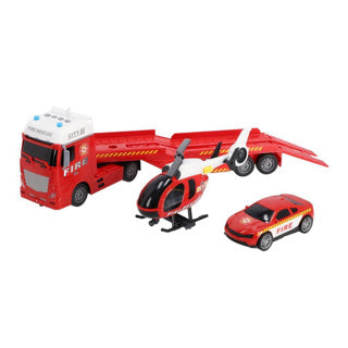 Brigade de pompiers Autotransporter à roues rapides avec voiture et hélicoptère avec lumière et son et friction