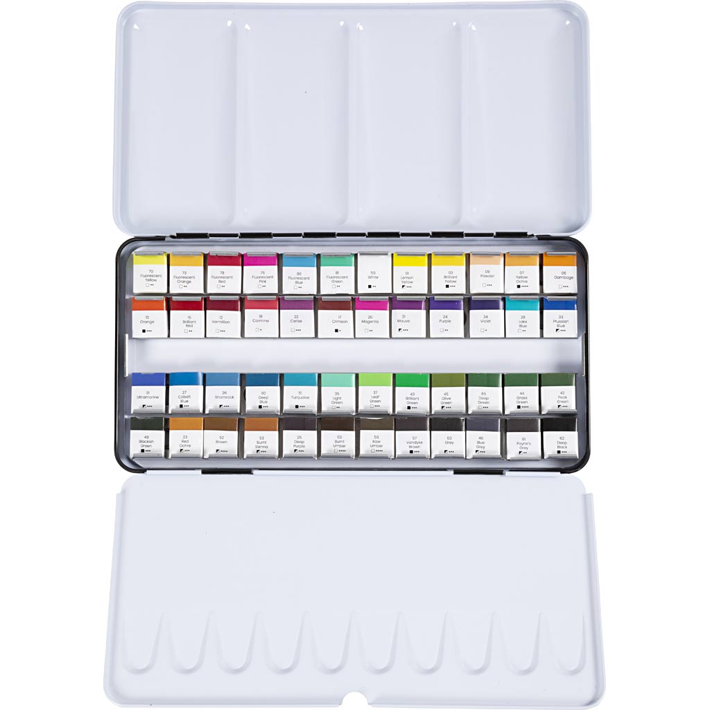 Peinture aquarelle art Creativ company, ½ godet, format 10x15x20 mm, couleurs standards, 48 couleurs 1 boîte