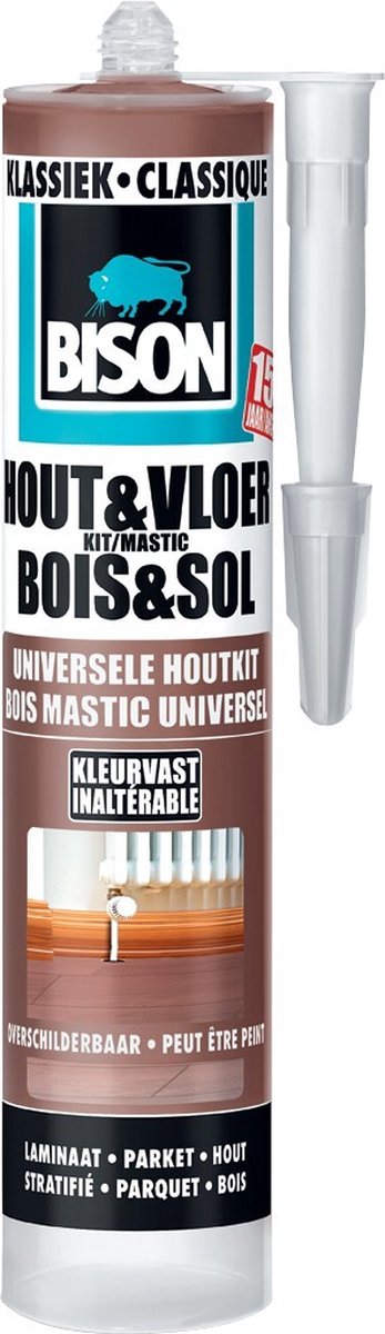 Bison Wood Floor Classic Cartouche 300 ml, pour parquet, stratifié, planches, lièges, PVC, grand teint, ponçable, élastique, mastic de haute qualité, pour joints et remplissage