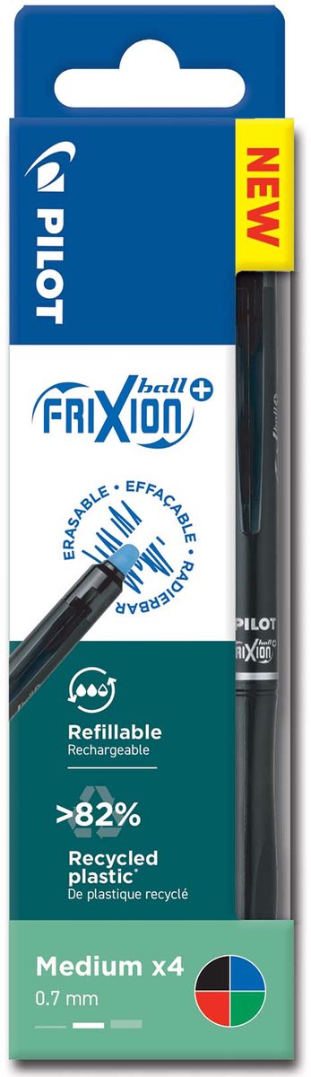 Portefeuille Pilot - lot de 4 - frixion ball plus - stylo roller effaçable - noir, bleu, rouge, vert - pointe moyenne