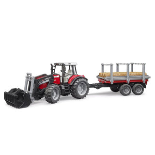 Bruder Massey Ferguson 7480 avec chargeur frontal et remorque en bois