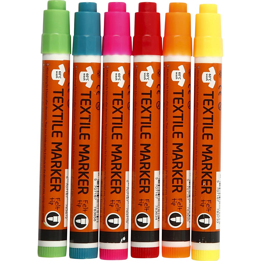 Marqueurs textiles, largeur de trait 2-4 mm, couleurs néon, 6 pièces, 1 boîte