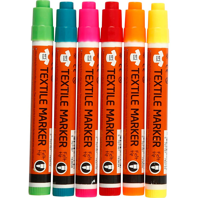 Marqueurs textiles, largeur de trait 2-4 mm, couleurs néon, 6 pièces, 1 boîte