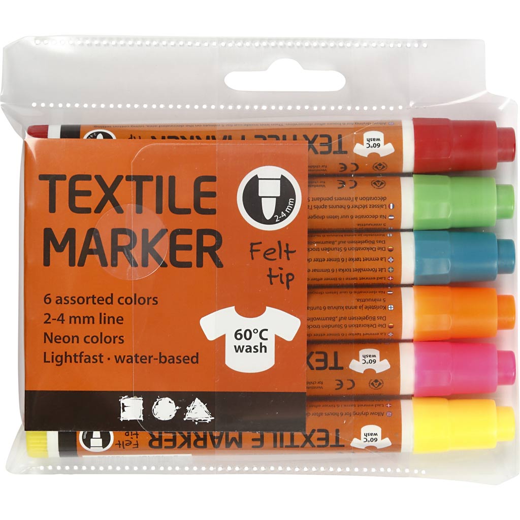 Marqueurs textiles, largeur de trait 2-4 mm, couleurs néon, 6 pièces, 1 boîte