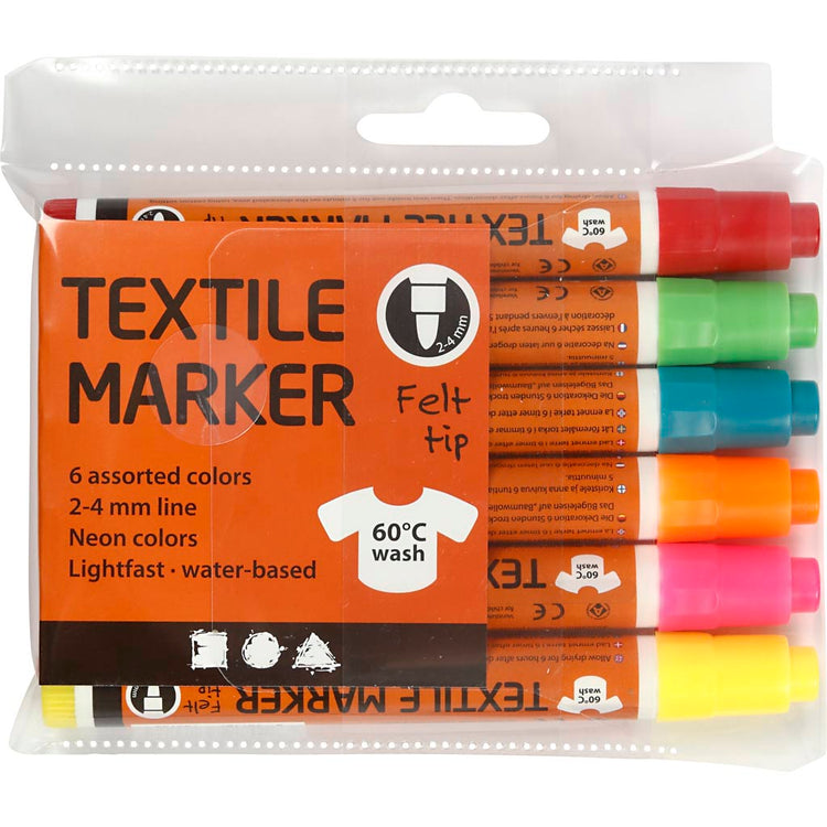 Marqueurs textiles, largeur de trait 2-4 mm, couleurs néon, 6 pièces, 1 boîte