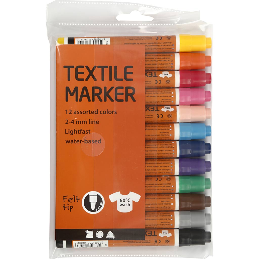 Marqueurs textiles, largeur de trait 2-4 mm, différentes couleurs, 12 pièces, 1 boîte