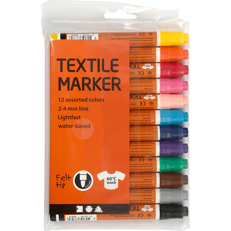 Marqueurs textiles, largeur de trait 2-4 mm, différentes couleurs, 12 pièces, 1 boîte