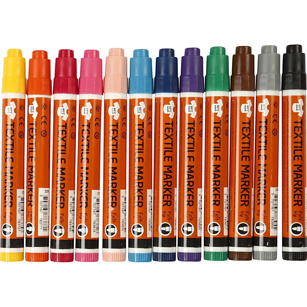 Marqueurs textiles, largeur de trait 2-4 mm, différentes couleurs, 12 pièces, 1 boîte