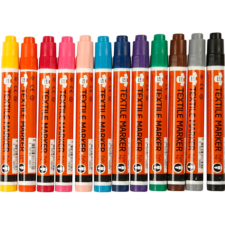 Marqueurs textiles, largeur de trait 2-4 mm, différentes couleurs, 12 pièces, 1 boîte