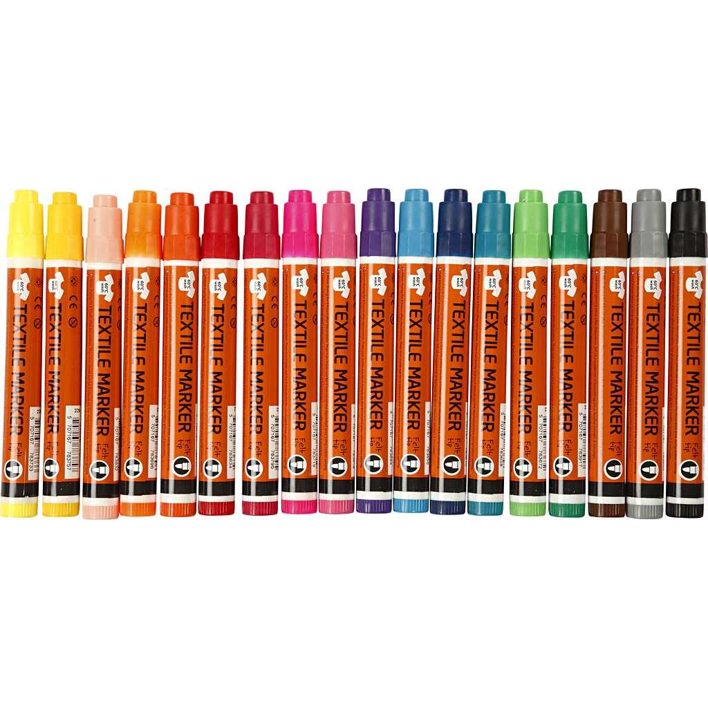 Marqueurs textiles, largeur de trait 2-4 mm, différentes couleurs, 18 pièces, 1 boîte