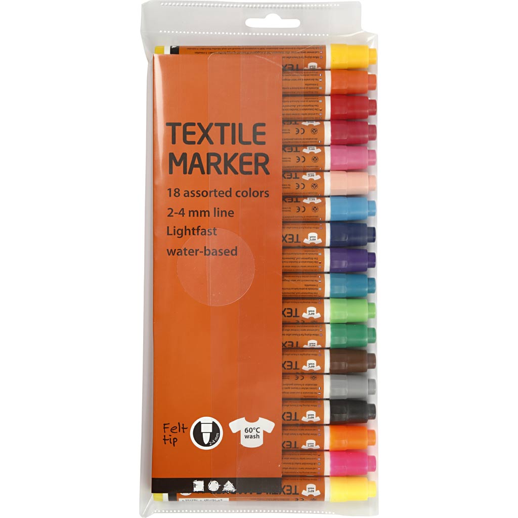 Marqueurs textiles, largeur de trait 2-4 mm, différentes couleurs, 18 pièces, 1 boîte