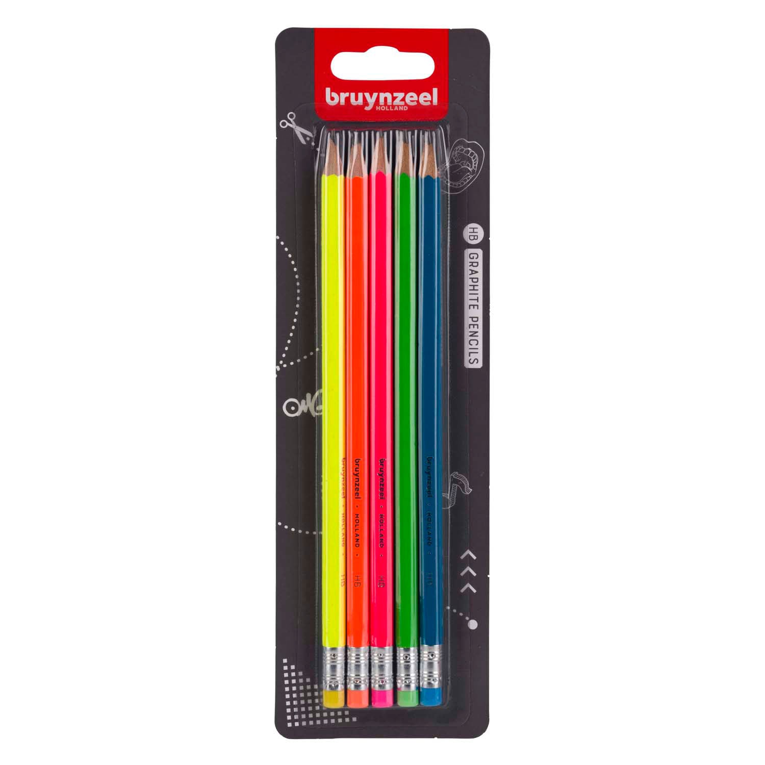 Ensemble de crayons Bruynzeel Graphite Neon, 5 hb crayons avec gomme