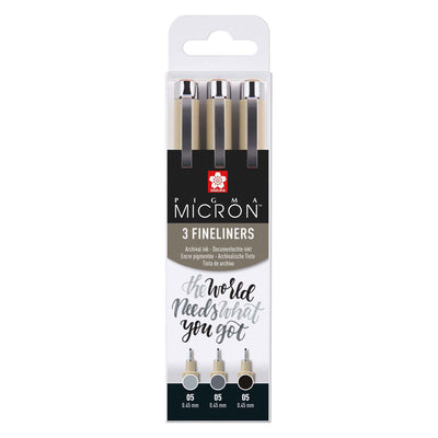 Sakura Pigma Micron 05 Fineliner Set, 3 stylos, gris noir
