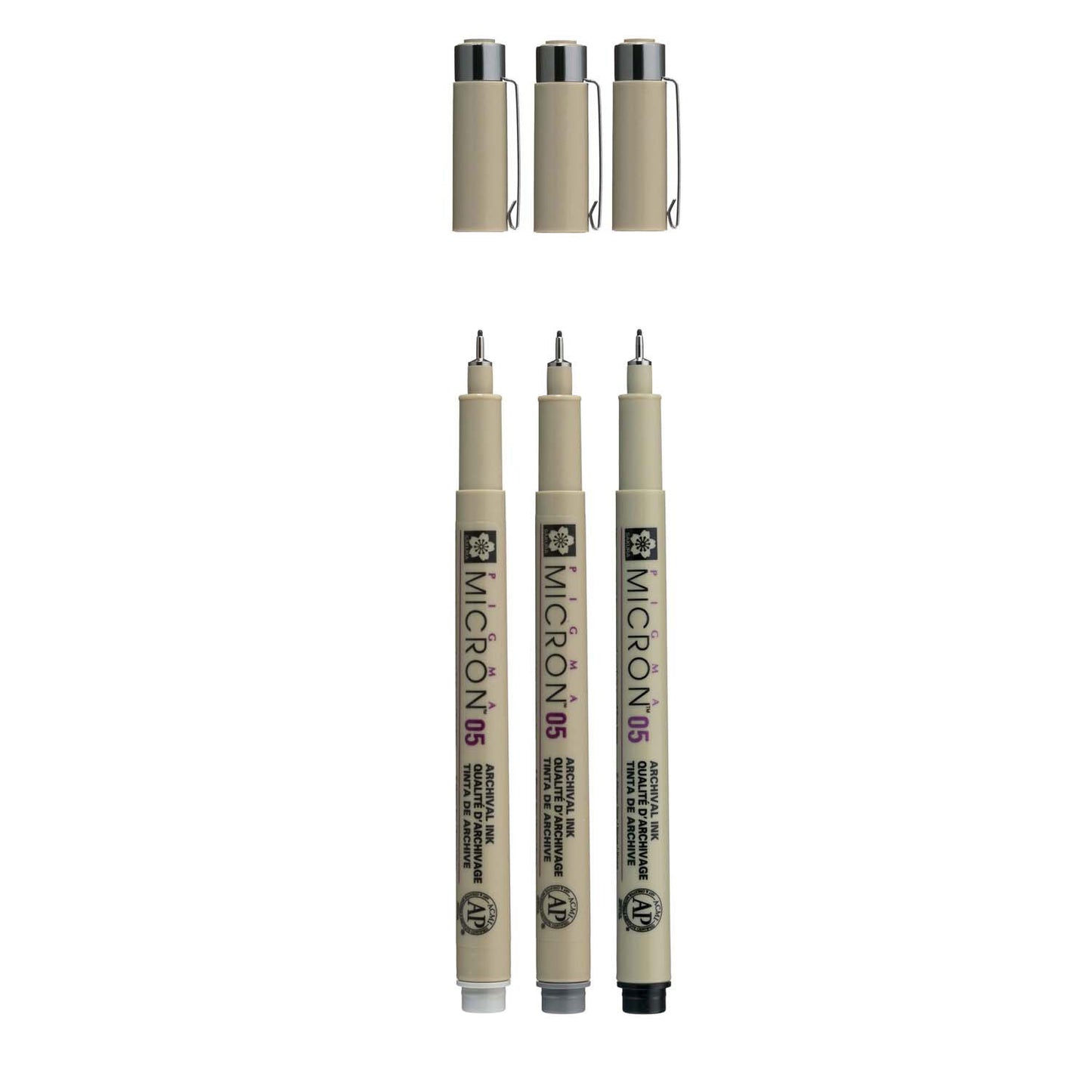 Sakura Pigma Micron 05 Fineliner Set, 3 stylos, gris noir
