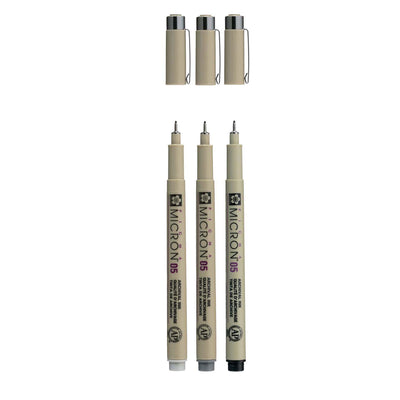 Sakura Pigma Micron 05 Fineliner Set, 3 stylos, gris noir