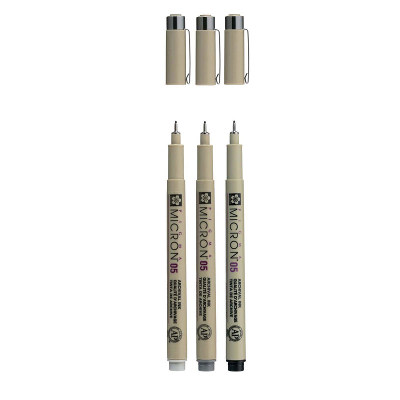 Sakura Pigma Micron 05 Fineliner Set, 3 stylos, gris noir
