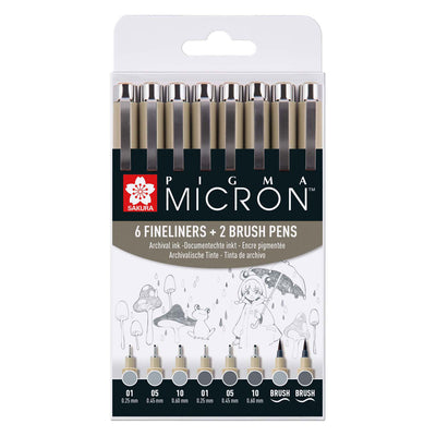 Sakura Pigma Micron Fineliner Set 8 Pen. (clair) gris refroidissant