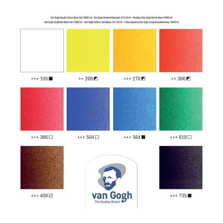 Ensemble de base Van Gogh Acrylic Paint avec 10 couleurs dans des tubes de 40 ml
