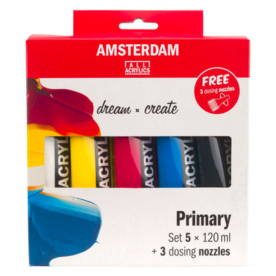 Ensemble primaire de peinture acrylique Bruynzeel Amsterdam série standard 120 ml, 5 pcs. + 3 becs doseurs