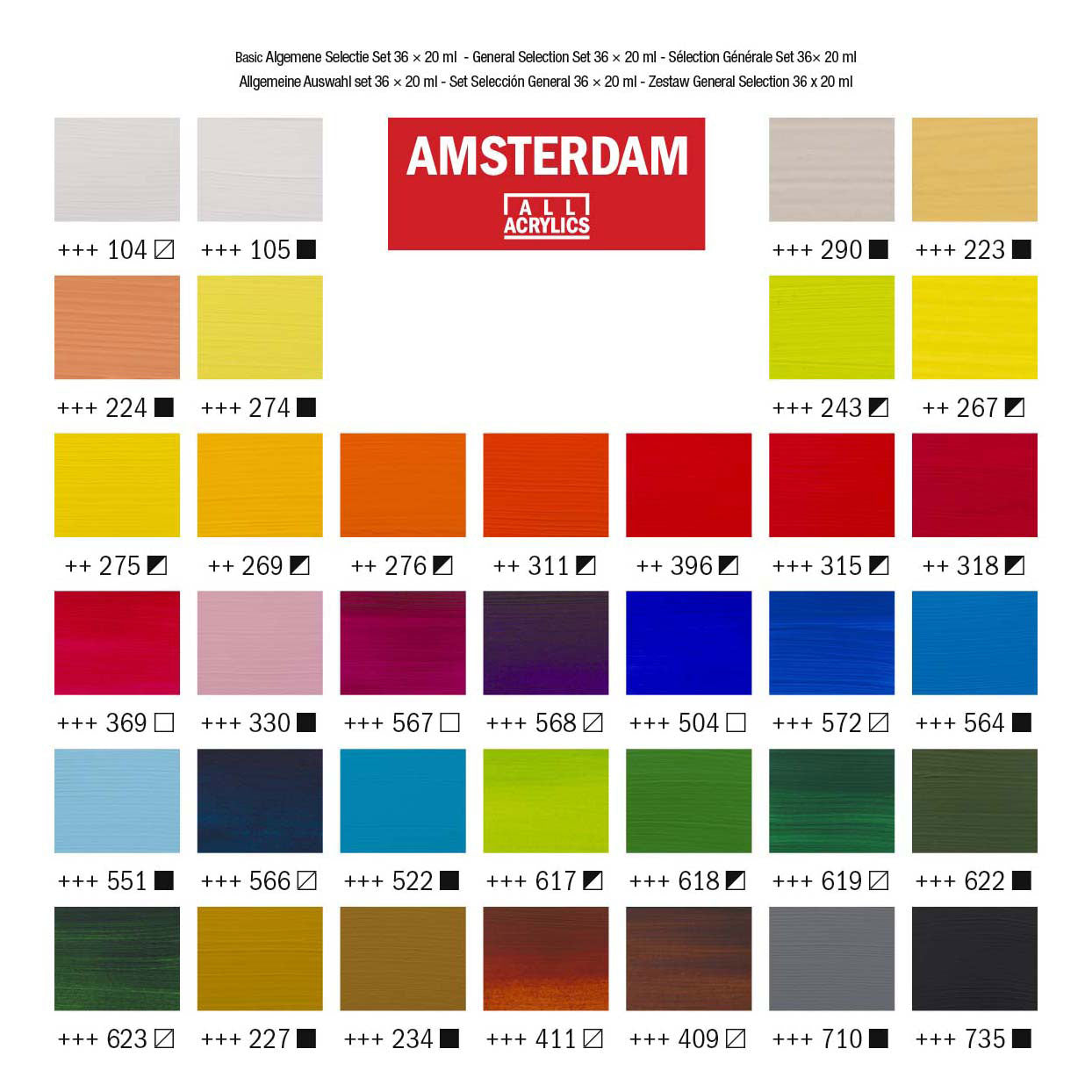 Ensemble de sélection générale de peinture acrylique série standard Bruynzeel Amsterdam 20 ml, 36 pièces.