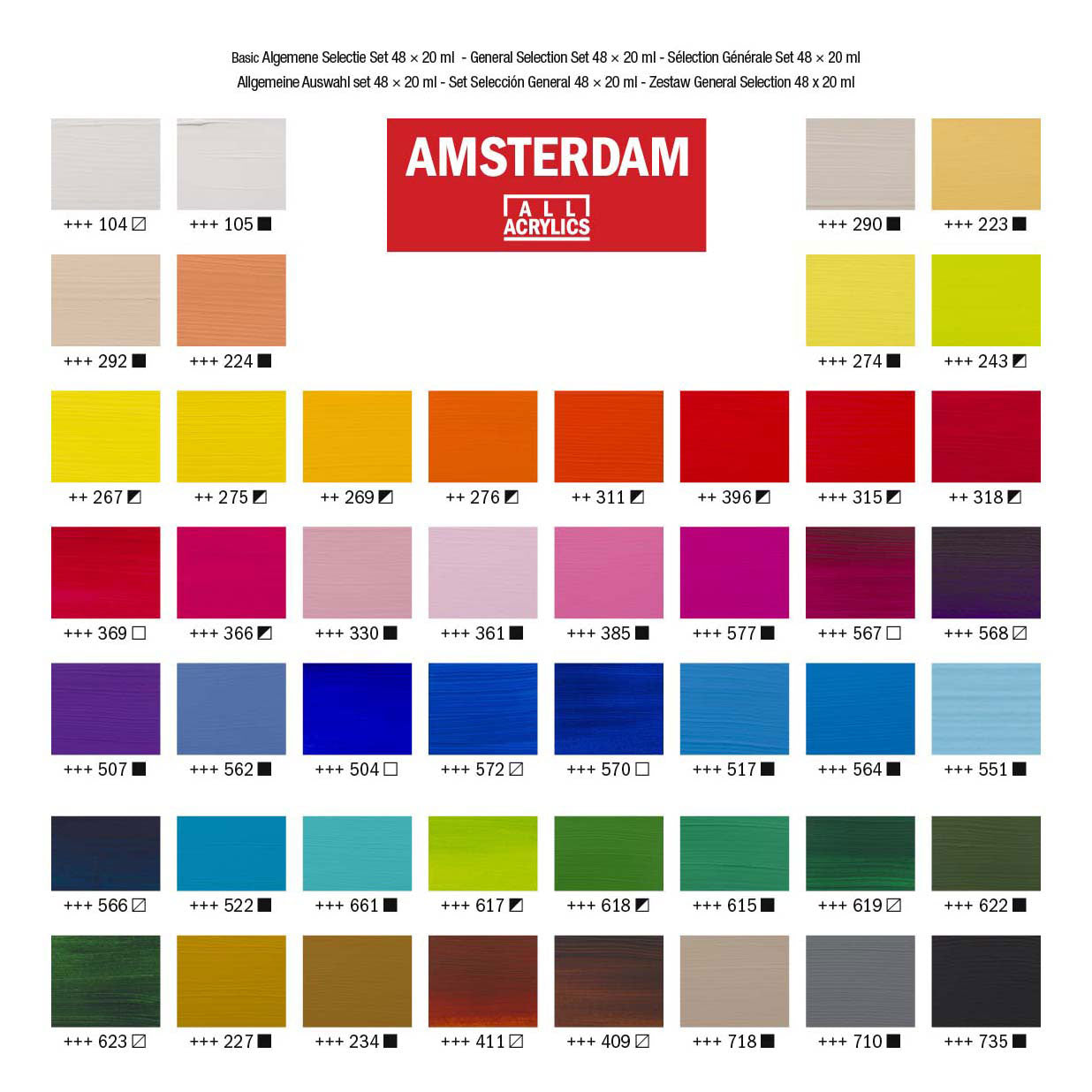 Ensemble de sélection générale de peinture acrylique série standard Bruynzeel Amsterdam 20 ml, 48 pièces.