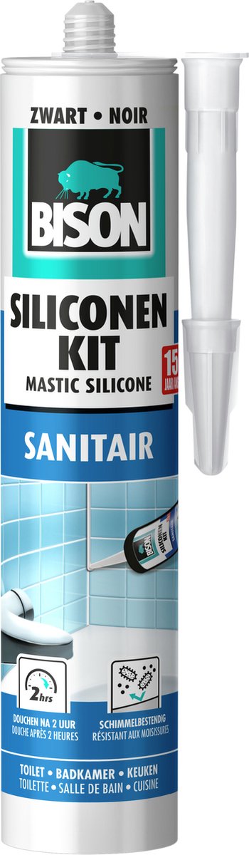 Mastic silicone Bison noir tube 300 ml - Mastic résistant à l'eau, joint sanitaire, insensible aux moisissures, grand teint, élasticité permanente, facile à appliquer