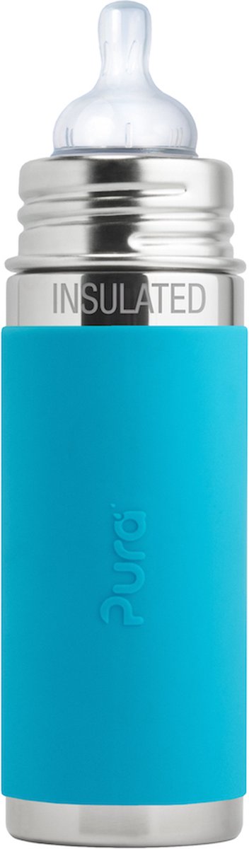 Biberon tétine Pura thermos 260 ml - thermos - biberon thermos - sans plastique - avec paroi isolante - prévient les crampes d'estomac - avec tétine en silicone, capuchon de voyage et manchon - aqua
