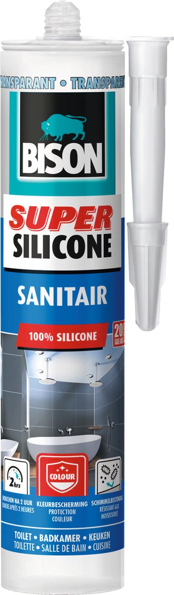 Tube transparent sanitaire super silicone Bison 300 ml, mastic silicone résistant à l'eau, protection des couleurs longue durée, insensible aux moisissures, facile à traiter