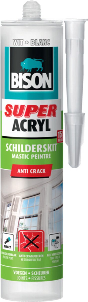 Bison mastic de peintre super acrylique tube blanc 300 ml, directement à peindre, blanc, intérieur extérieur, élasticité permanente, scelle les joints, les coutures, les fissures et les fissures