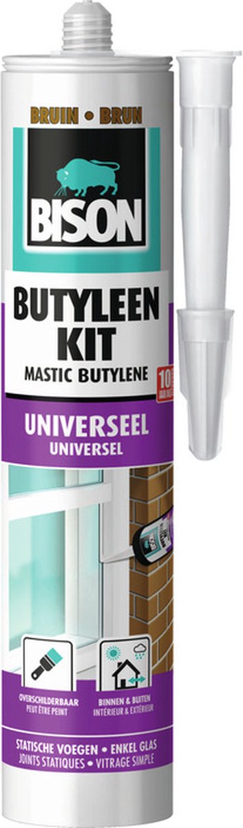 Mastic butylène Bison cartouche marron 300 ml, mastic pour joints, cadres de portes et fenêtres, appuis de fenêtre, panneaux muraux, à peindre, résistant à l'eau, résistant aux températures de -20°c à +80°c