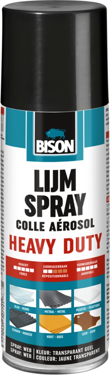 Bison Glue Spray Heavy Duty Spray Can 500 ml - Spray de colle pratique pour les applications noires, collage rapide et permanent et résistant à l'humidité du métal, du bois, du caoutchouc mousse, du carton, des textiles, etc.