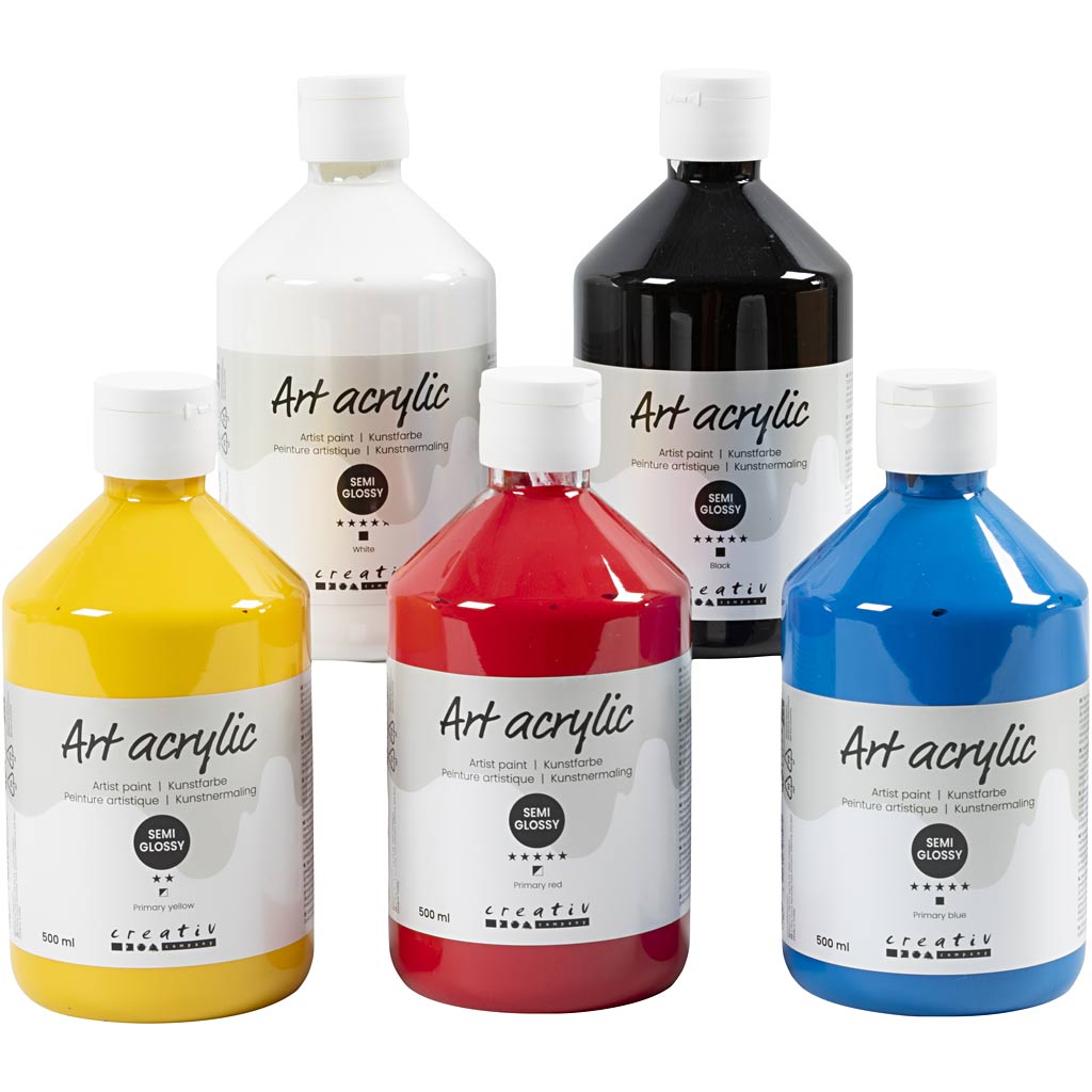 Peinture acrylique Creativ company, semi-brillante, couleurs primaires, 5x500 ml 1 boîte