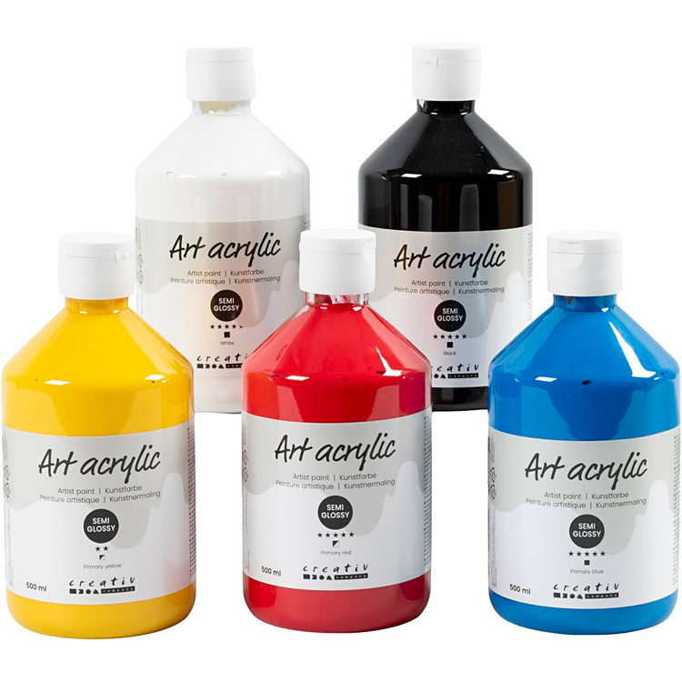 Peinture acrylique Creativ company, semi-brillante, couleurs primaires, 5x500 ml 1 boîte