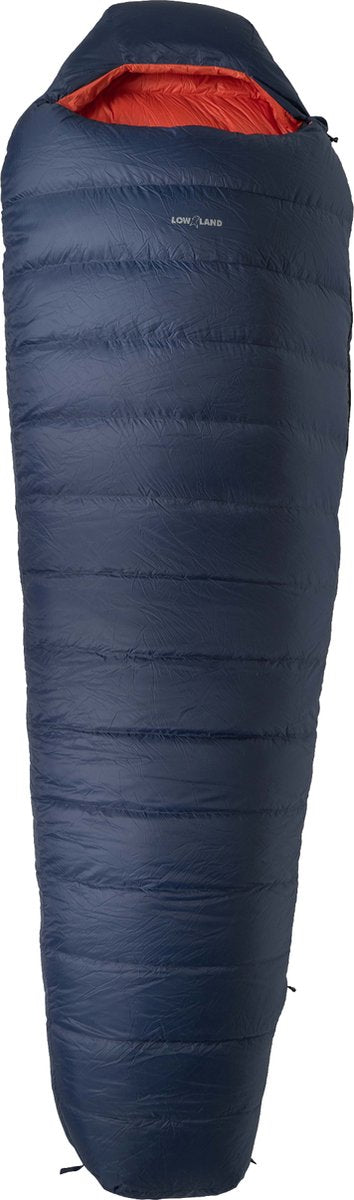 Lowland outdoor - kibo -5 - sac de couchage momie en duvet -5°c - 1195 gr - 225x80 cm - bleu marine orange