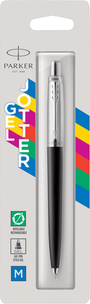 Stylo gel Parker Jotter | acier inoxydable et noir | pointe moyenne à l'encre bleue (0,7 mm)