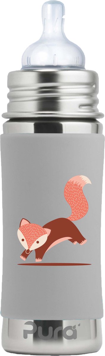 Biberon tétine Pura 325 ml - sans plastique - gourde - prévient les crampes d'estomac - passe au lave-vaisselle - avec tétine en silicone, capuchon de voyage et manchon - le dessus est interchangeable - polyvalent - renard gris