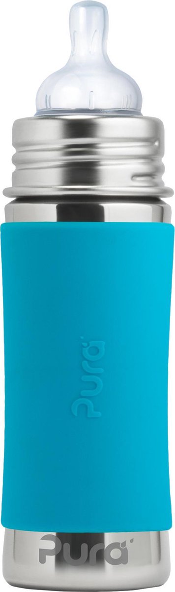 Biberon tétine Pura 325 ml - sans plastique - gourde - prévient les crampes d'estomac - passe au lave-vaisselle - avec tétine en silicone, capuchon de voyage et manchon - le dessus est interchangeable - polyvalent - aqua