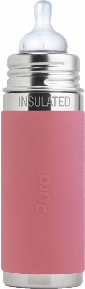Biberon tétine Pura thermos 260 ml - thermos - biberon thermos - sans plastique - avec paroi isolante - prévient les crampes d'estomac - avec tétine en silicone, capuchon de voyage et manchon - rose