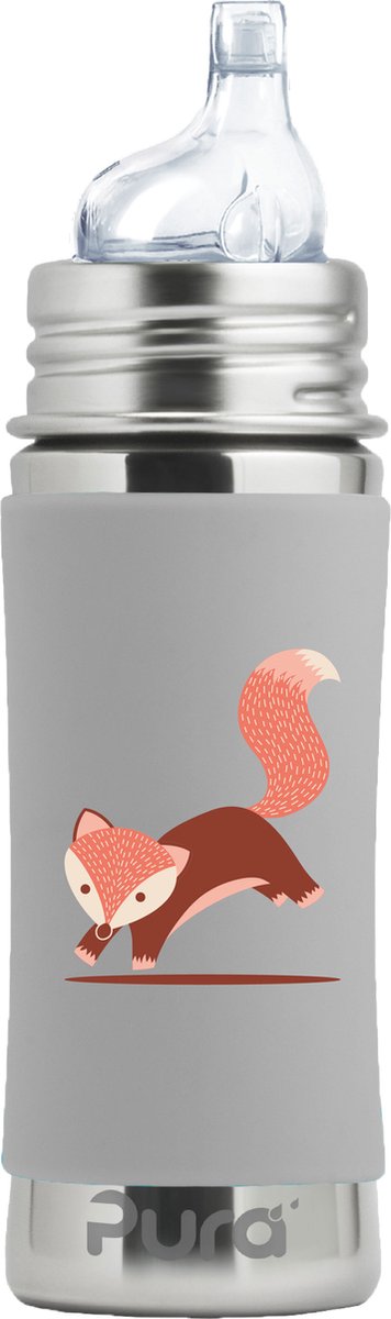 Bouteille à bec Pura 325 ml - gobelet à bec verseur - grandit avec vous - sans plastique - passe au lave-vaisselle - avec bec verseur en silicone, capuchon de voyage et manchon - manchon en renard