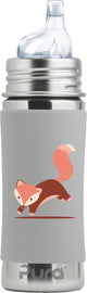 Bouteille à bec Pura 325 ml - gobelet à bec verseur - grandit avec vous - sans plastique - passe au lave-vaisselle - avec bec verseur en silicone, capuchon de voyage et manchon - manchon en renard