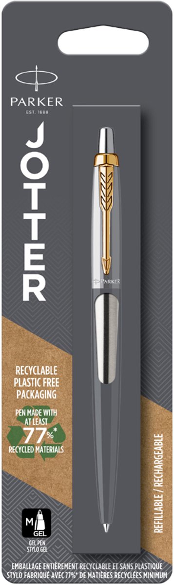 Stylo gel Parker Jotter | en acier inoxydable avec détails dorés | encre noire à pointe moyenne (0,7 mm)