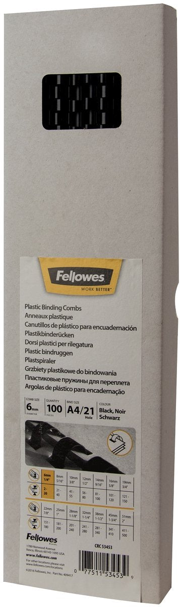 Pack 100 peignes de reliure noirs 5345307 Fellowes plastique a4 6mm