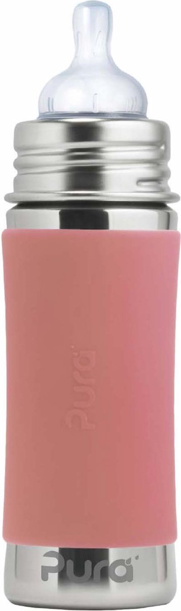 Biberon tétine Pura 325 ml - sans plastique - gourde - prévient les crampes d'estomac - passe au lave-vaisselle - avec tétine en silicone, capuchon de voyage et manchon - le dessus est interchangeable - polyvalent - rose