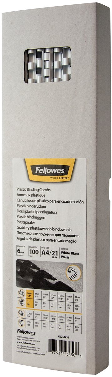 Dos de reliure Fellowes - 6 mm - 21 anneaux - a4 - blanc - 100 pièces