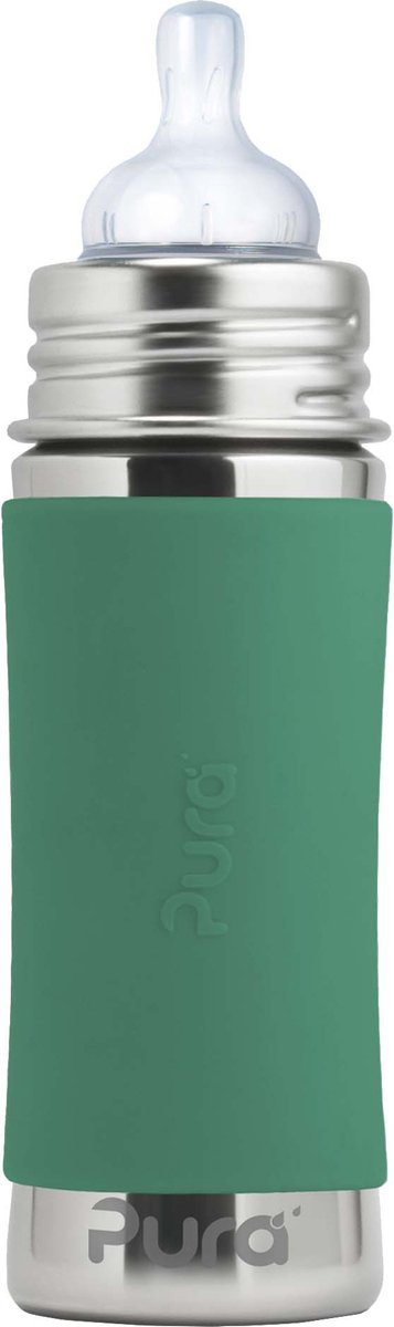 Biberon tétine Pura 325 ml - sans plastique - gourde - prévient les crampes d'estomac - passe au lave-vaisselle - avec tétine en silicone, capuchon de voyage et manchon - le dessus est interchangeable - polyvalent - menthe