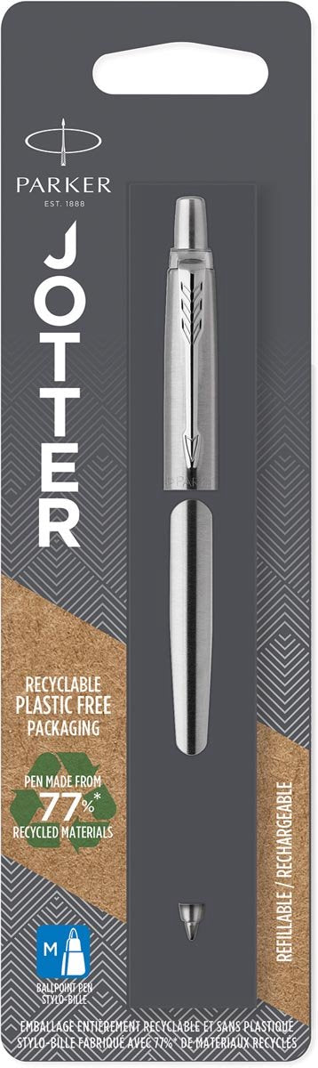 Stylo à bille Parker Jotter | acier inoxydable avec finition chromée | point moyen | encre bleue