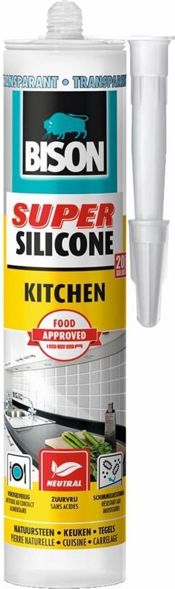 Bison super silicone cuisine tube transparent 300 ml, mastic silicone, cuisine, joints, hygiénique, résistant à l'usure et résistant aux températures de -50°c à +120°c