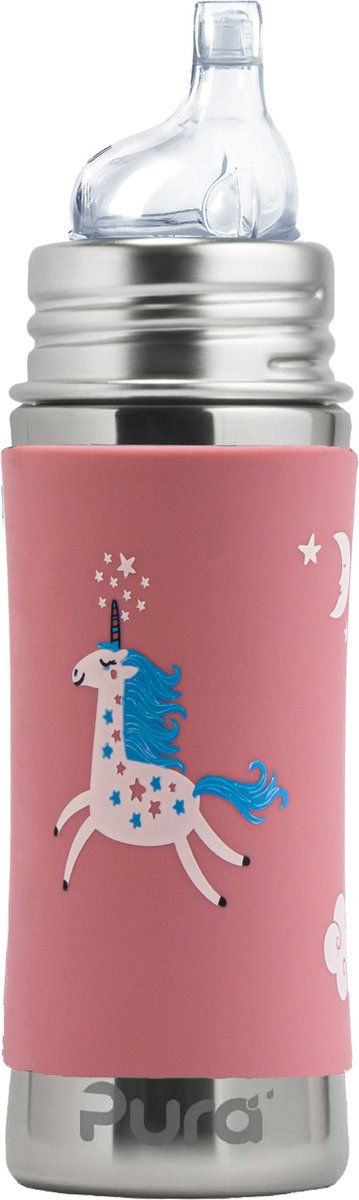 Bouteille à bec Pura 325 ml - gobelet à bec verseur - grandit avec vous - sans plastique - passe au lave-vaisselle - avec bec verseur en silicone, capuchon de voyage et manchon - licorne rose